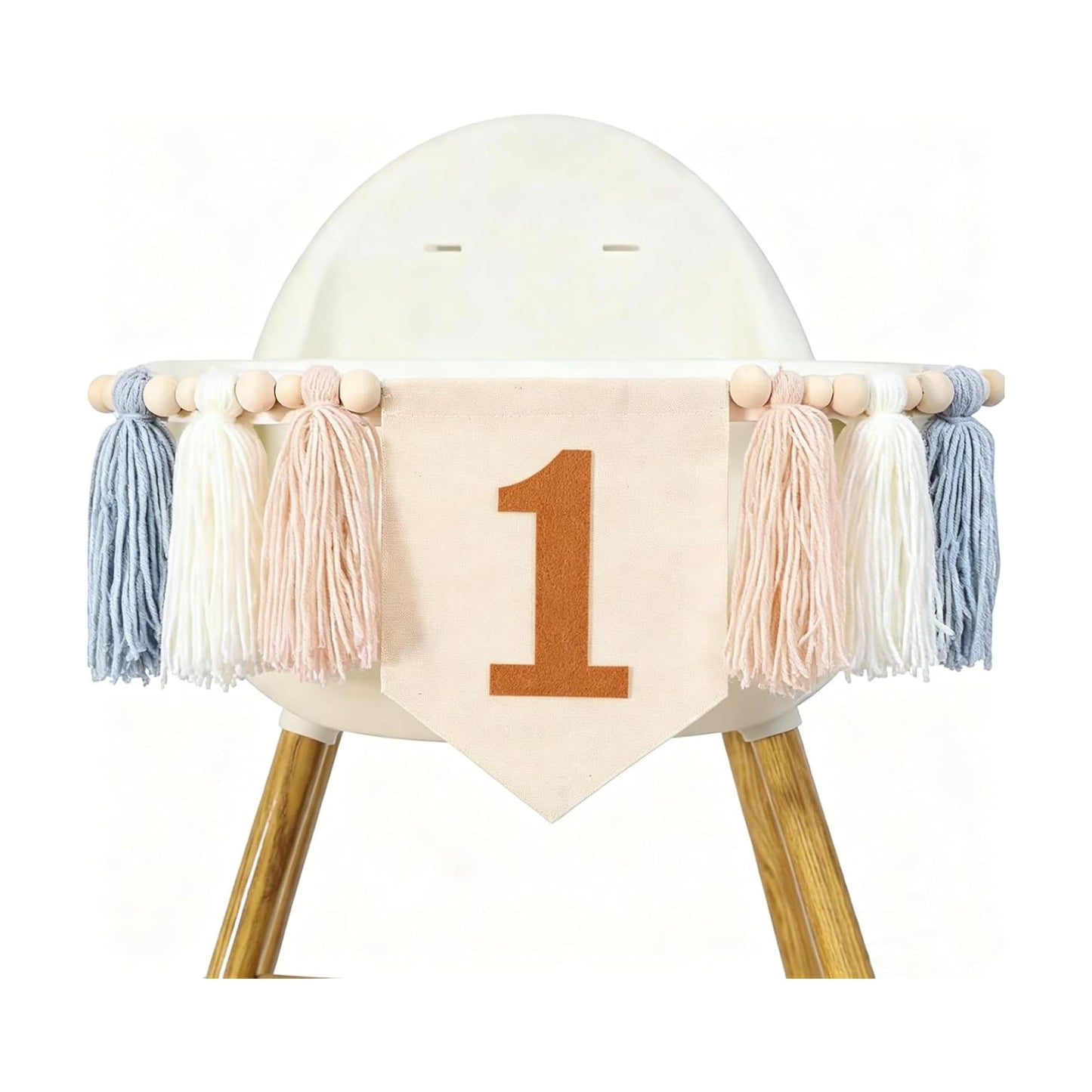 One Blue Boho Wood Bead Tassel Garland Highchair Decor Wall Hanging / Brown and Blue