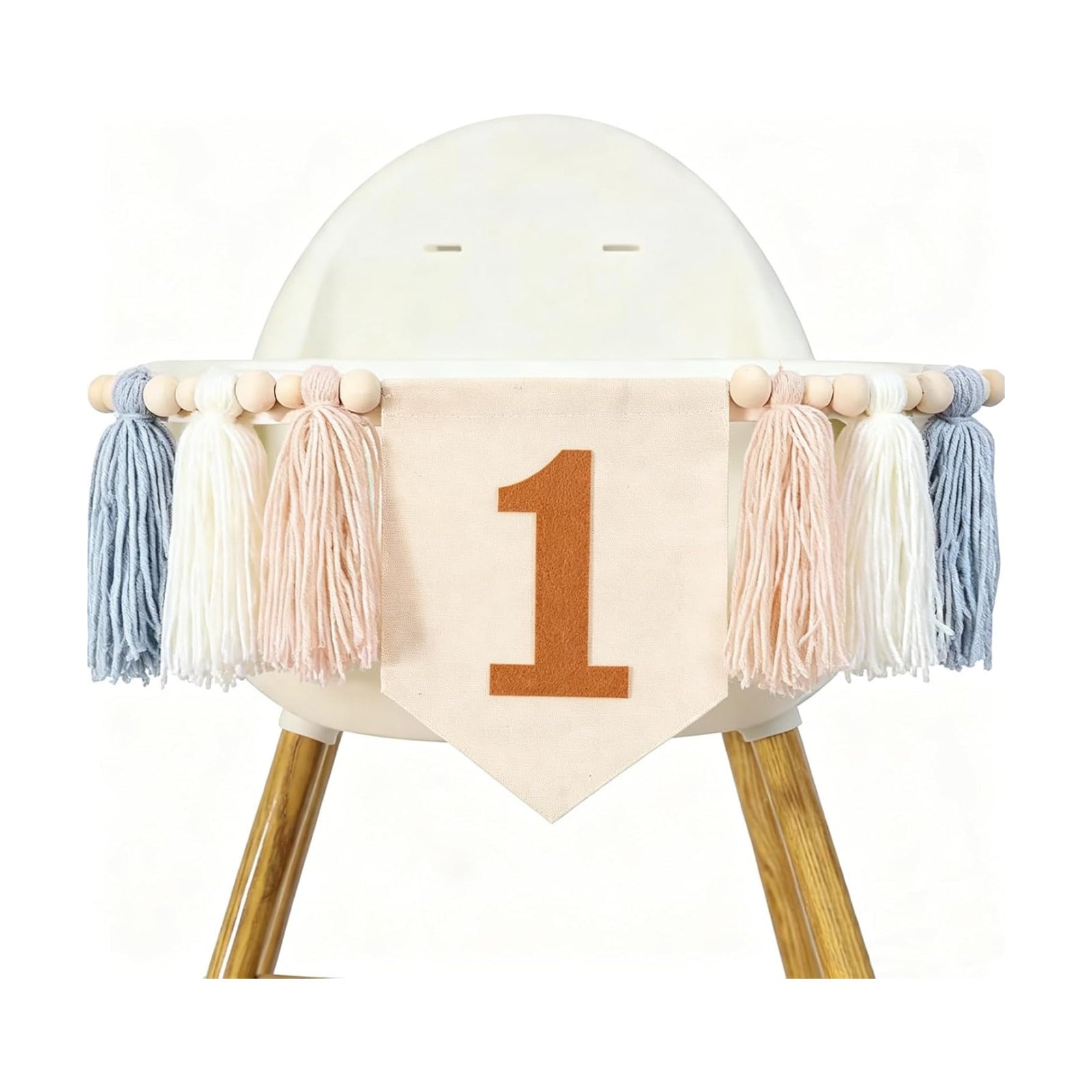 One Blue Boho Wood Bead Tassel Garland Highchair Decor Wall Hanging / Brown and Blue