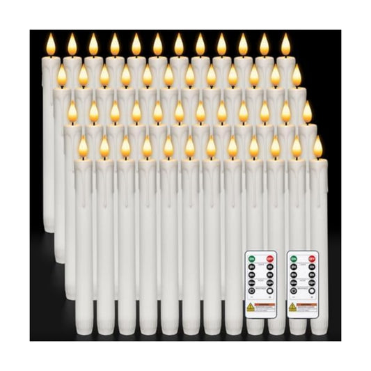 Homemory 48 Pcs Plastic Flameless Taper Candles with Remote Timer Dimmer, Taper Candles Battery Operated with Flickering Light, White Led Candlesticks for Wedding Party Holiday Decoration 9.6 Inches