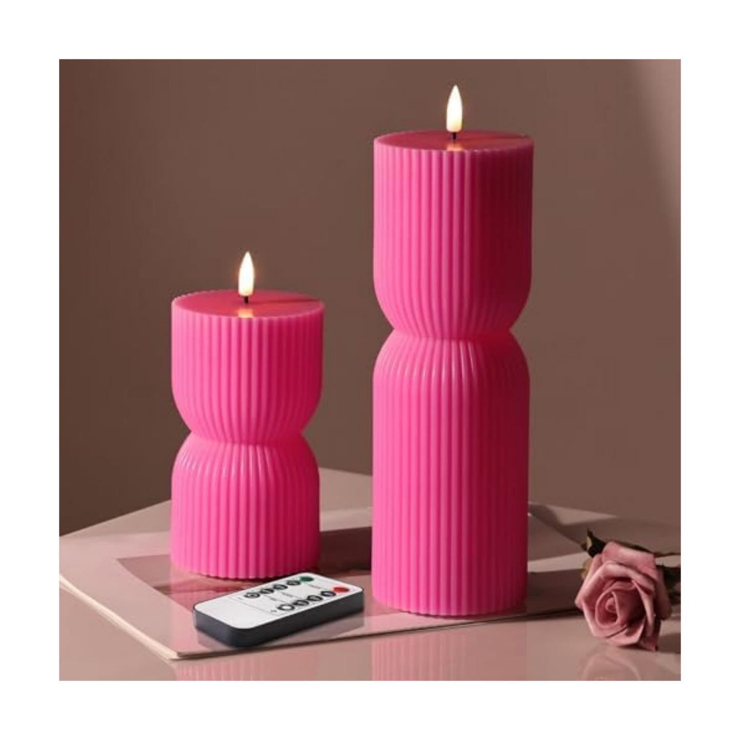 Hot Pink Ribbed Flameless Pillar Candles with Remote Set of 2