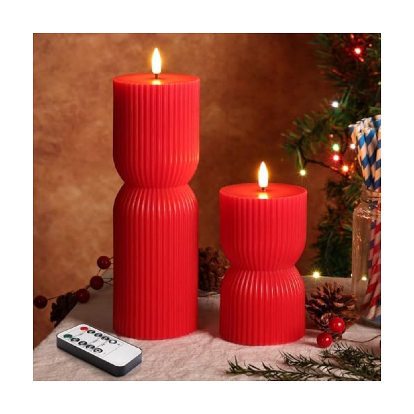 Red Ribbed Flameless Pillar Candles with Remote Set of 2