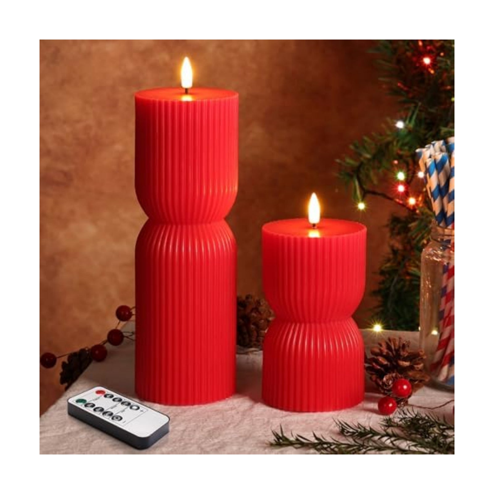 Red Ribbed Flameless Pillar Candles with Remote Set of 2