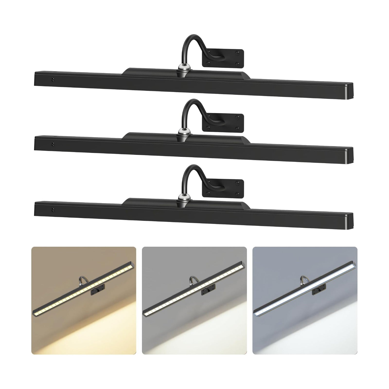 24Inch Picture Lights Battery Powered 6000mAh -3 Pack Black Wireless Remote Control Sconces for Gallery, Living Room