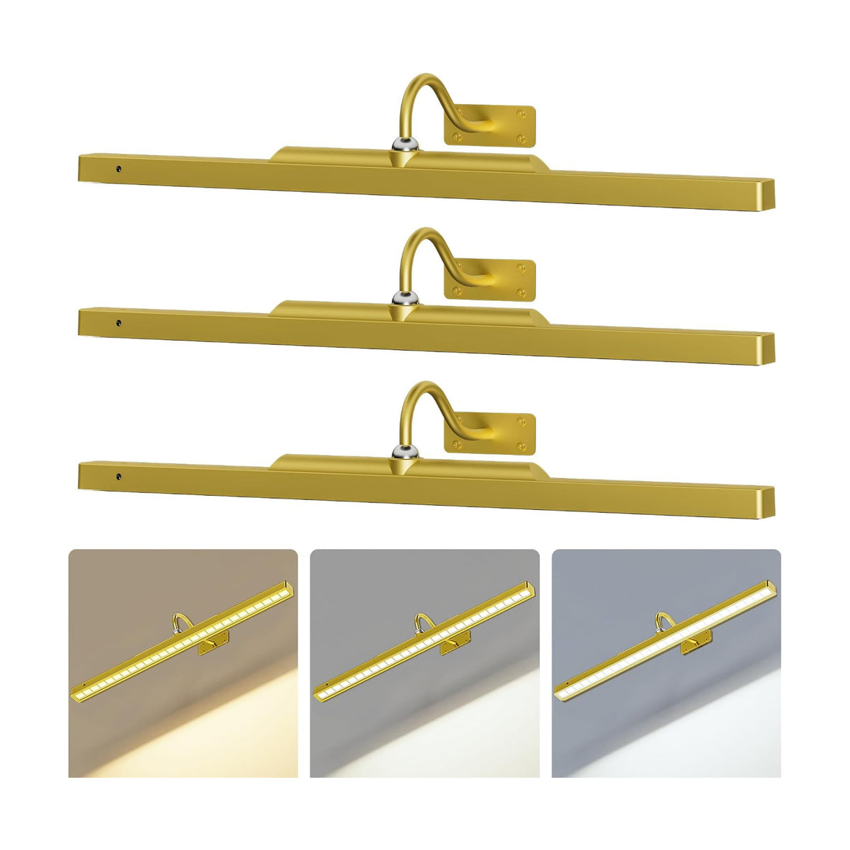3 Pack Gallery Picture Frame Lights - 24Inch Gold Battery Wireless Wall Mounted Lighting for Large Art, Posters, Canvas