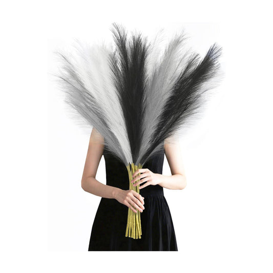 Black Faux Pampas Grass Decor 35" Fluffy Tall Artificial Colored / Black & White & Grey / Set of 8
