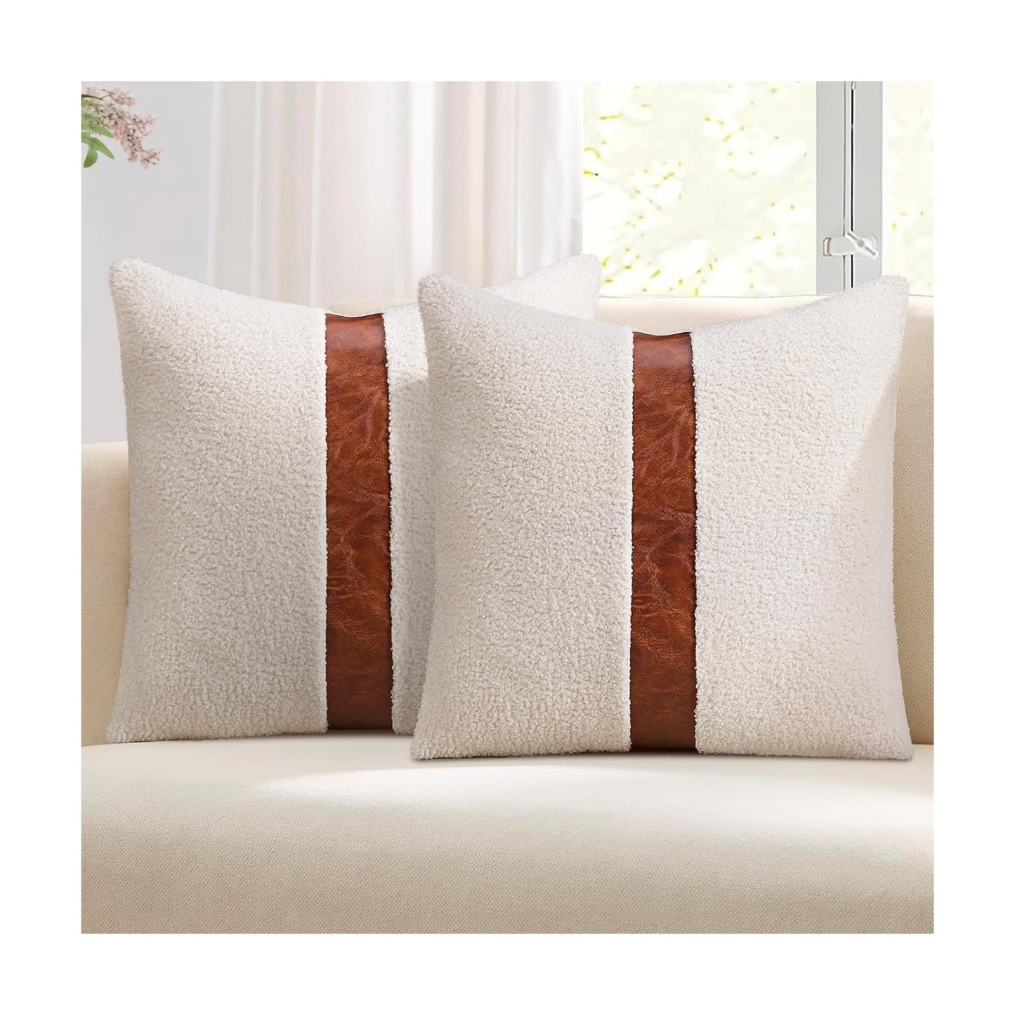 Teddy Boucle Decorative Throw Pillow Covers Faux Leather Striped / Cream / 18 x 18 / Set of 2