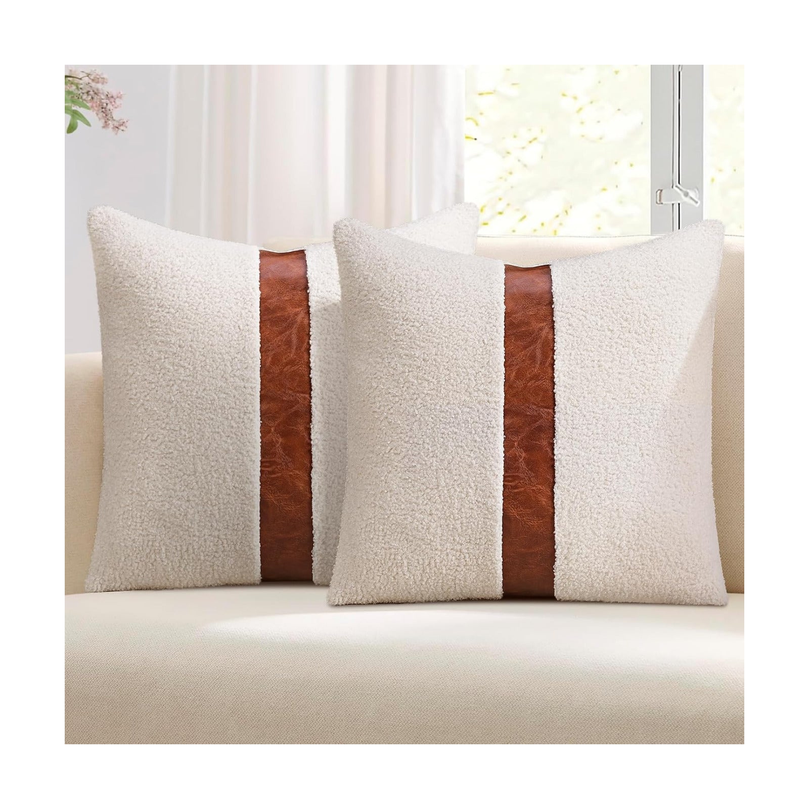 Teddy Boucle Decorative Throw Pillow Covers Faux Leather Striped / Cream / 18 x 18 / Set of 2