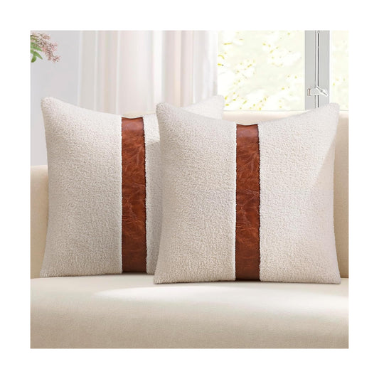Teddy Boucle Decorative Throw Pillow Covers Faux Leather Striped / Cream / 18 x 18 / Set of 2