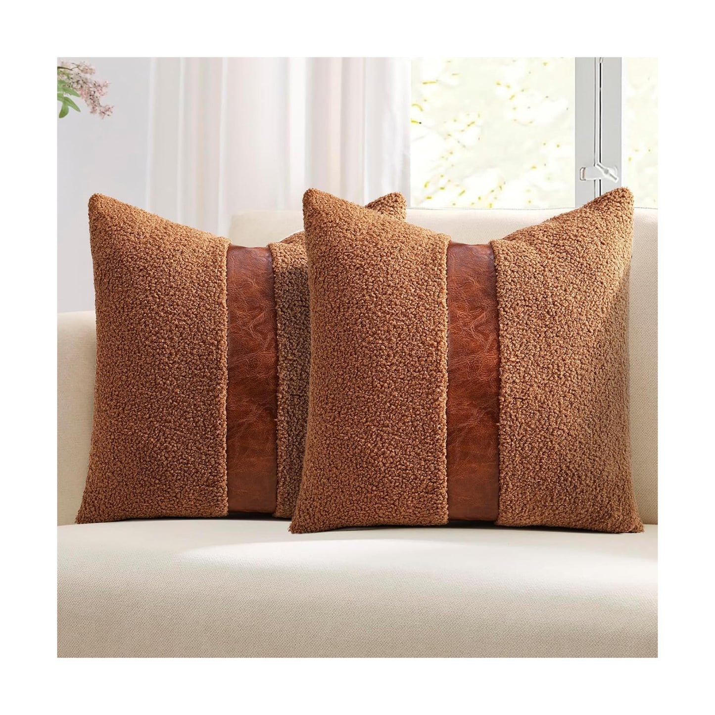 Teddy Boucle Decorative Throw Pillow Covers Faux Leather Contrast / Brown / 18 x 18 / Set of 2