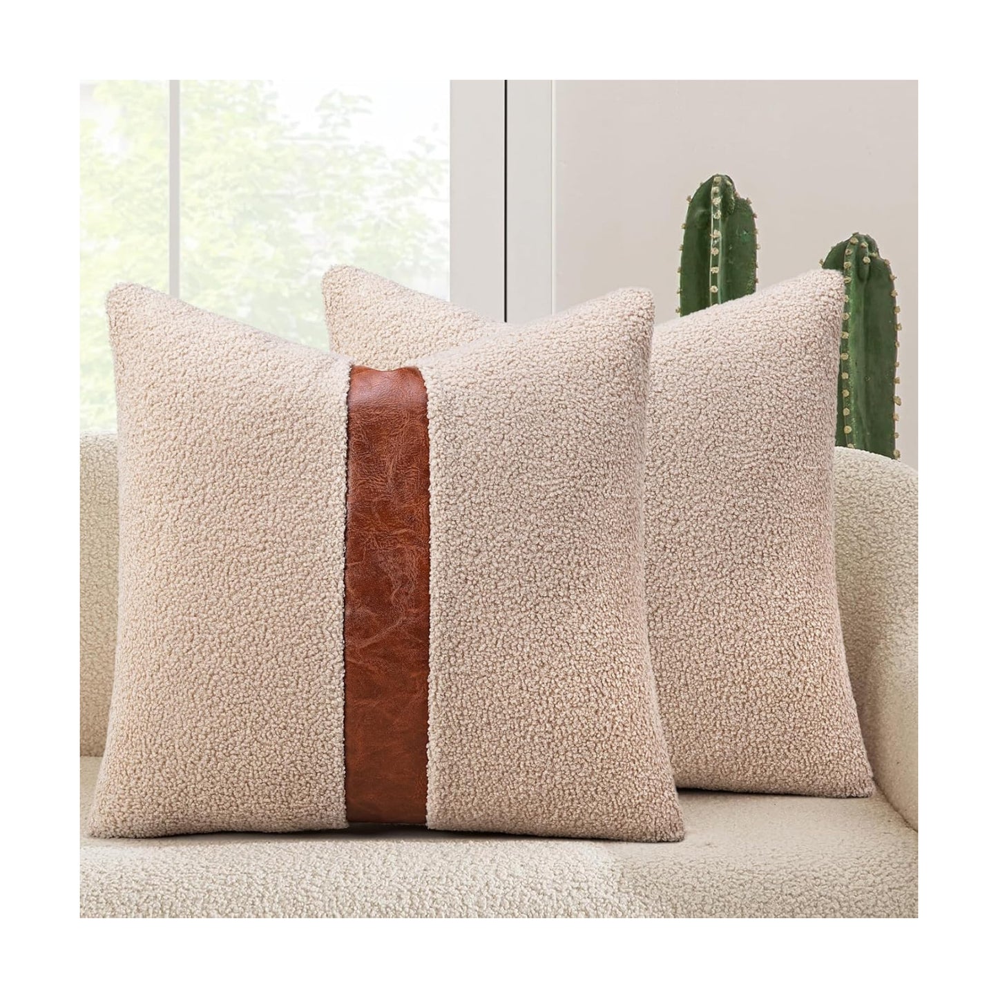 Teddy Boucle Decorative Throw Pillow Covers Faux Leather Striped / Oatmeal / 18 x 18 / Set of 2