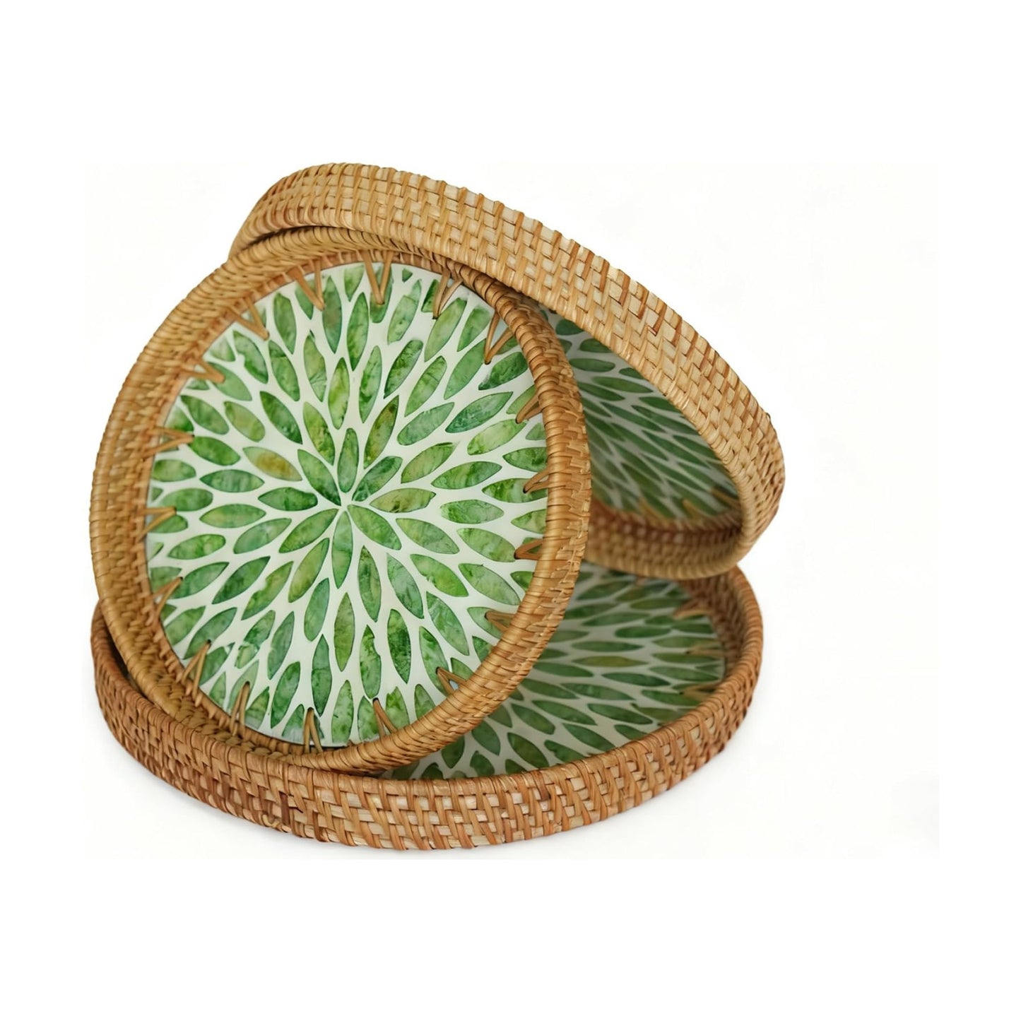 Round Rattan Tray / Emerald Bloom / Set of 3
