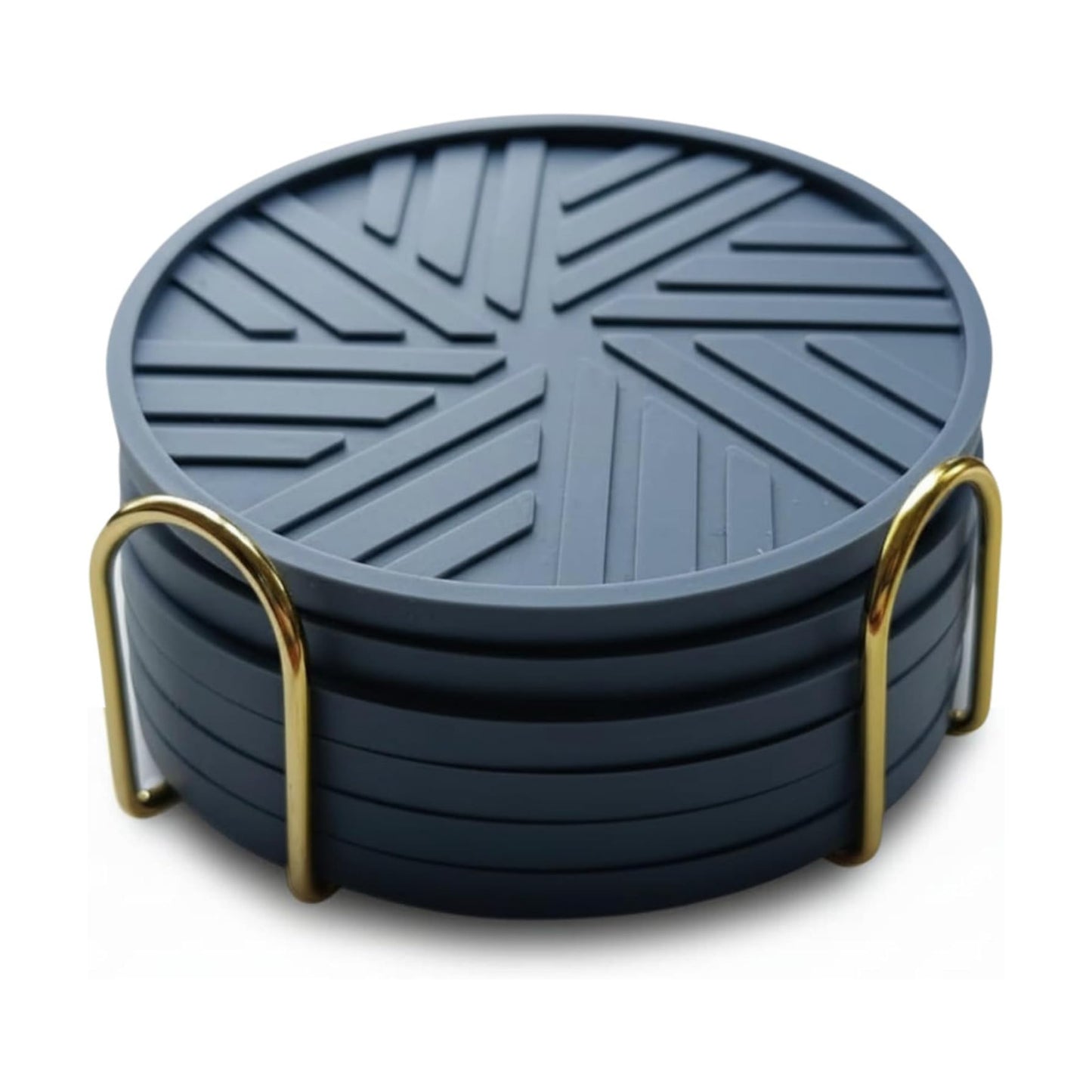 Silicone Coasters for Drinks & Gold Holder / Dusty Blue / Set of 6