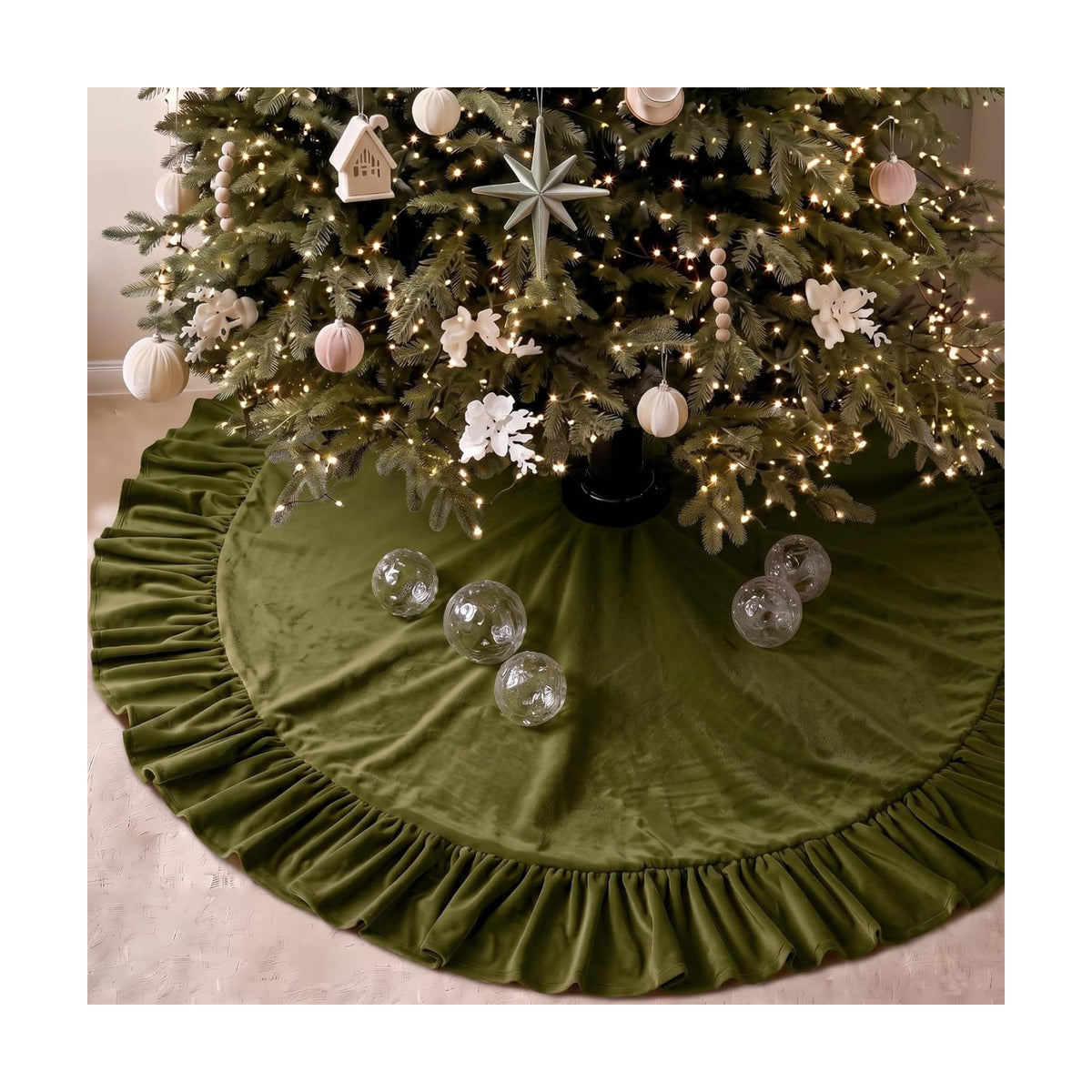 Velvet Christmas Tree Skirt, 60 Inches, Bow Style, Olive Green
