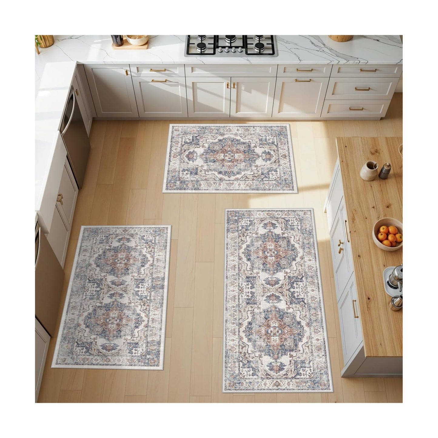 Washable Kitchen Rug Set of 3: Boho Non-slip Soft Stove Sink Mat Light Weight Stain Resistant Carpet for Dog Bowl Area