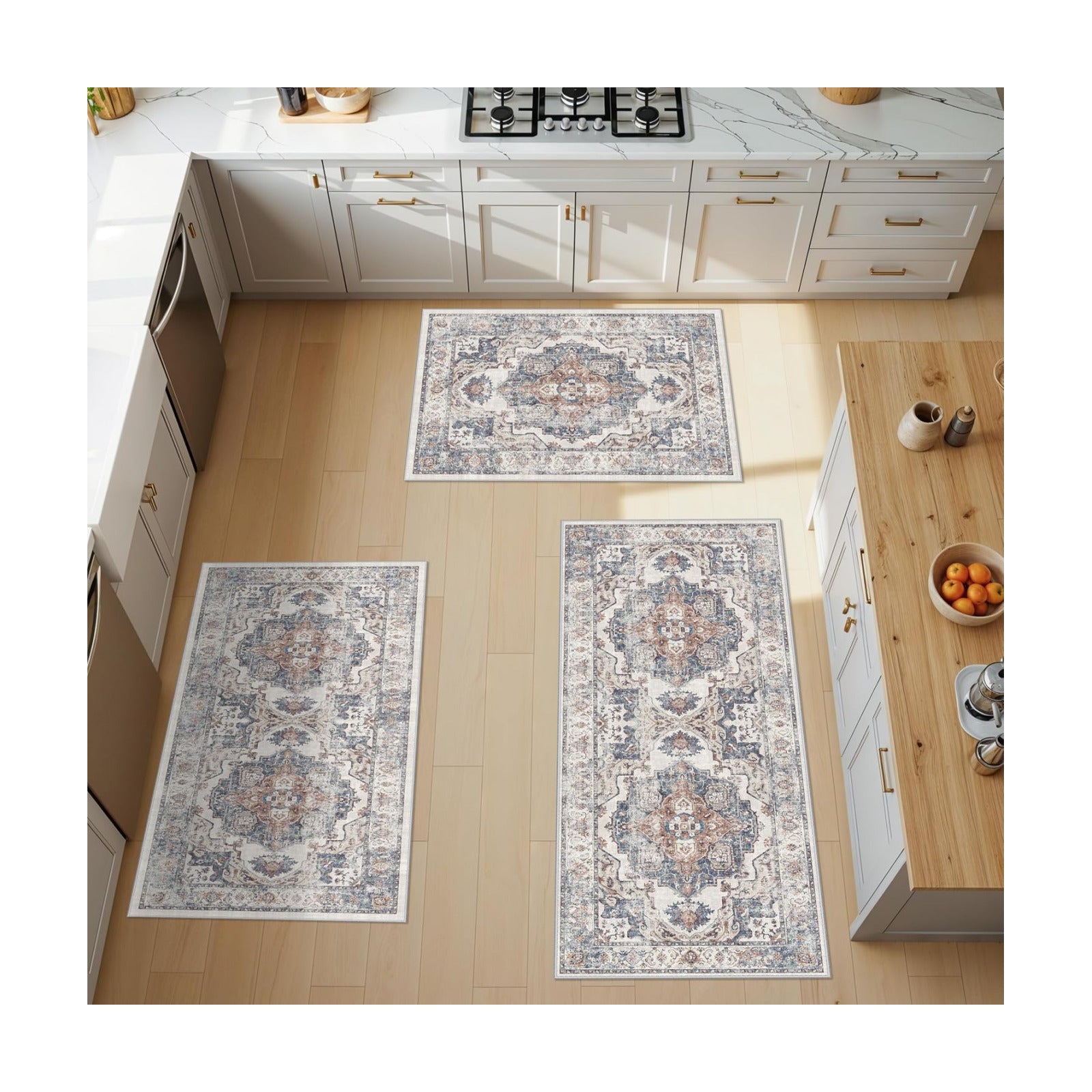 Washable Kitchen Rug Set of 3: Boho Non-slip Soft Stove Sink Mat Light Weight Stain Resistant Carpet for Dog Bowl Area