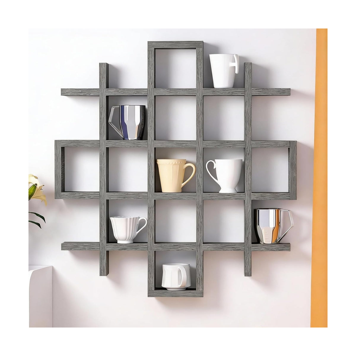 Suzile Mug Display Shelf Wall Mounted,Grid Size 5.1x5.1x3in,Grey | Rustic Wood Floating Shadow Box for Coffee Mugs