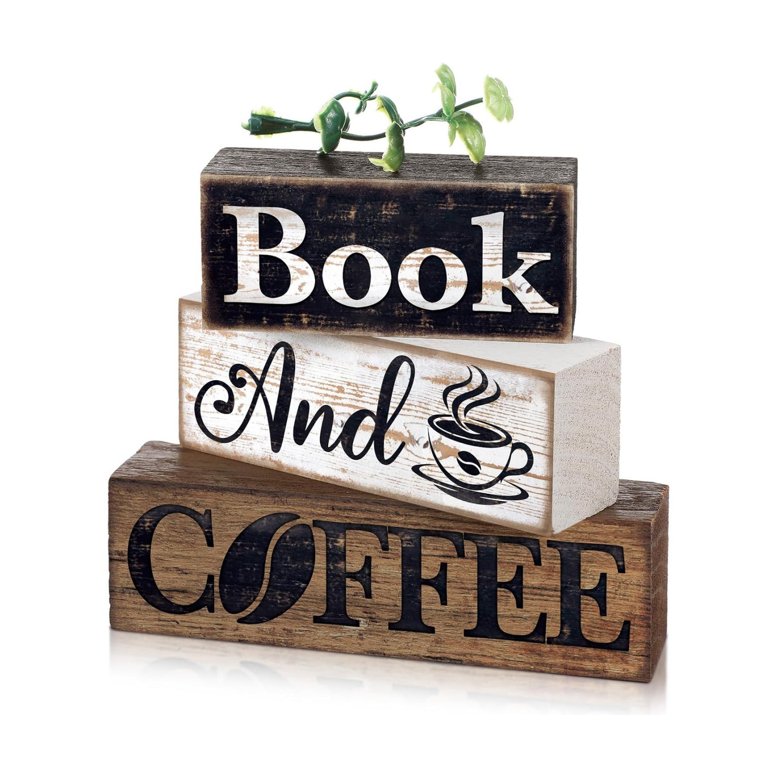 Moucuny 4 Pcs Farmhouse Table Decor Rustic Wooden Book and Coffee Signs