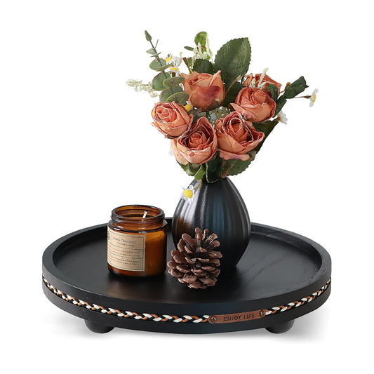 Farmhouse Decorative Round Tray / Black with Stripes / 11.81 Inch