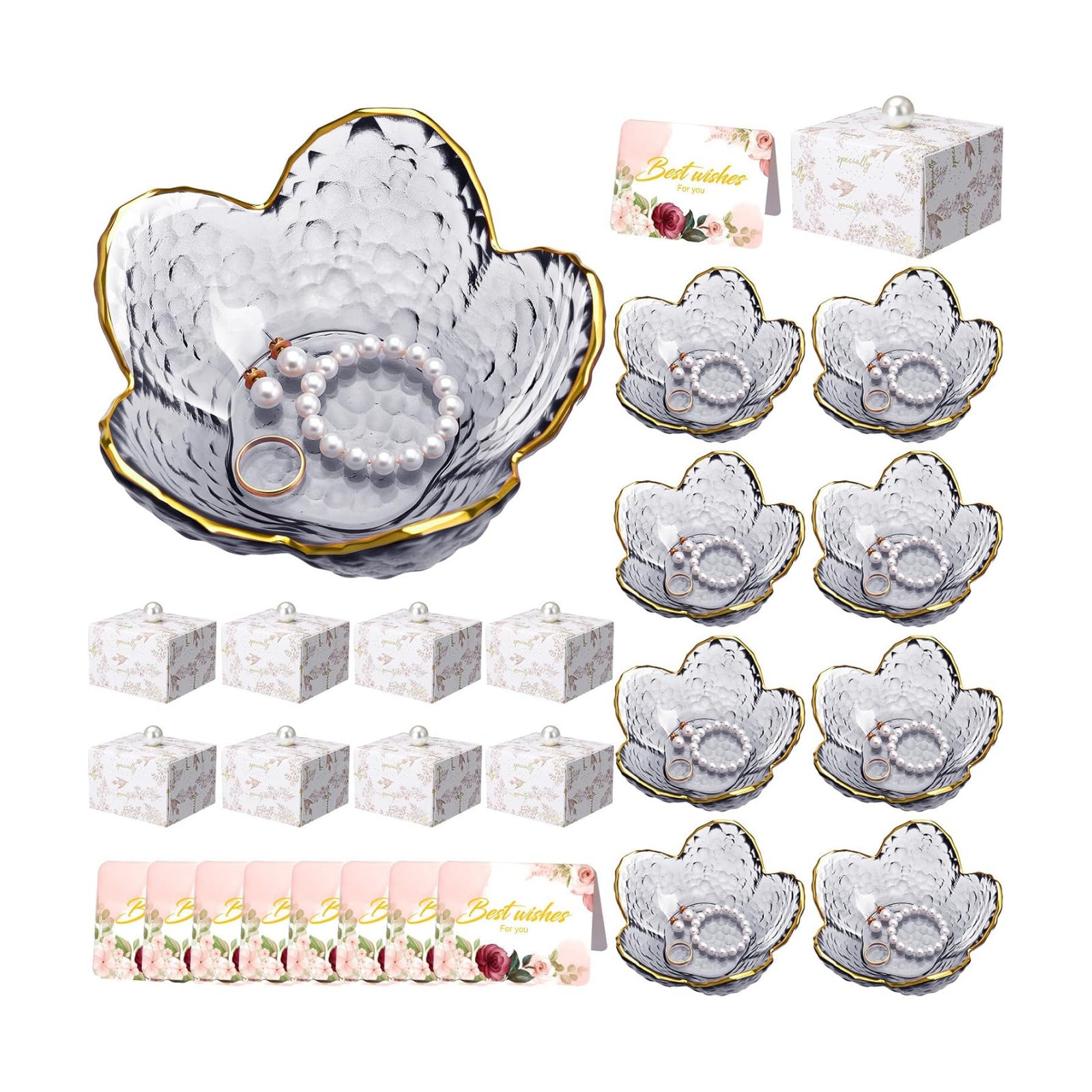 Box Greeting Card Small Glass Trinket Dish Tray for Earrings / Grey / Set of 8