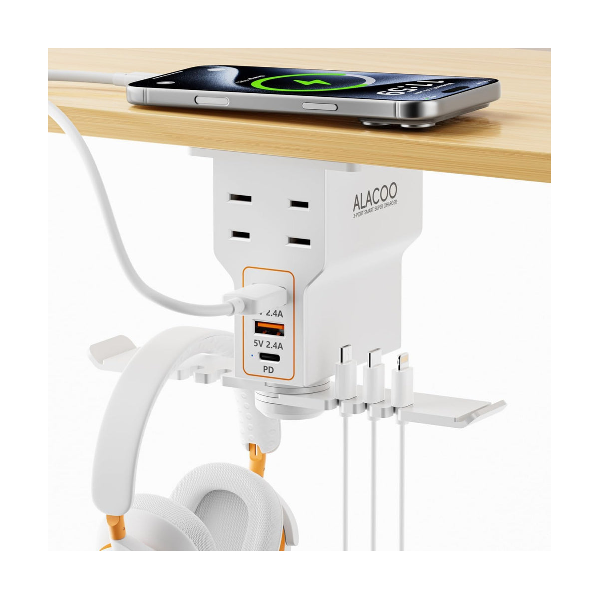 Multi-Function Desk Headphone Hanger Hook Gaming Office | 2 USB, 1 Type-C, 2 AC Outlets Desk Hook Holds Headsets &