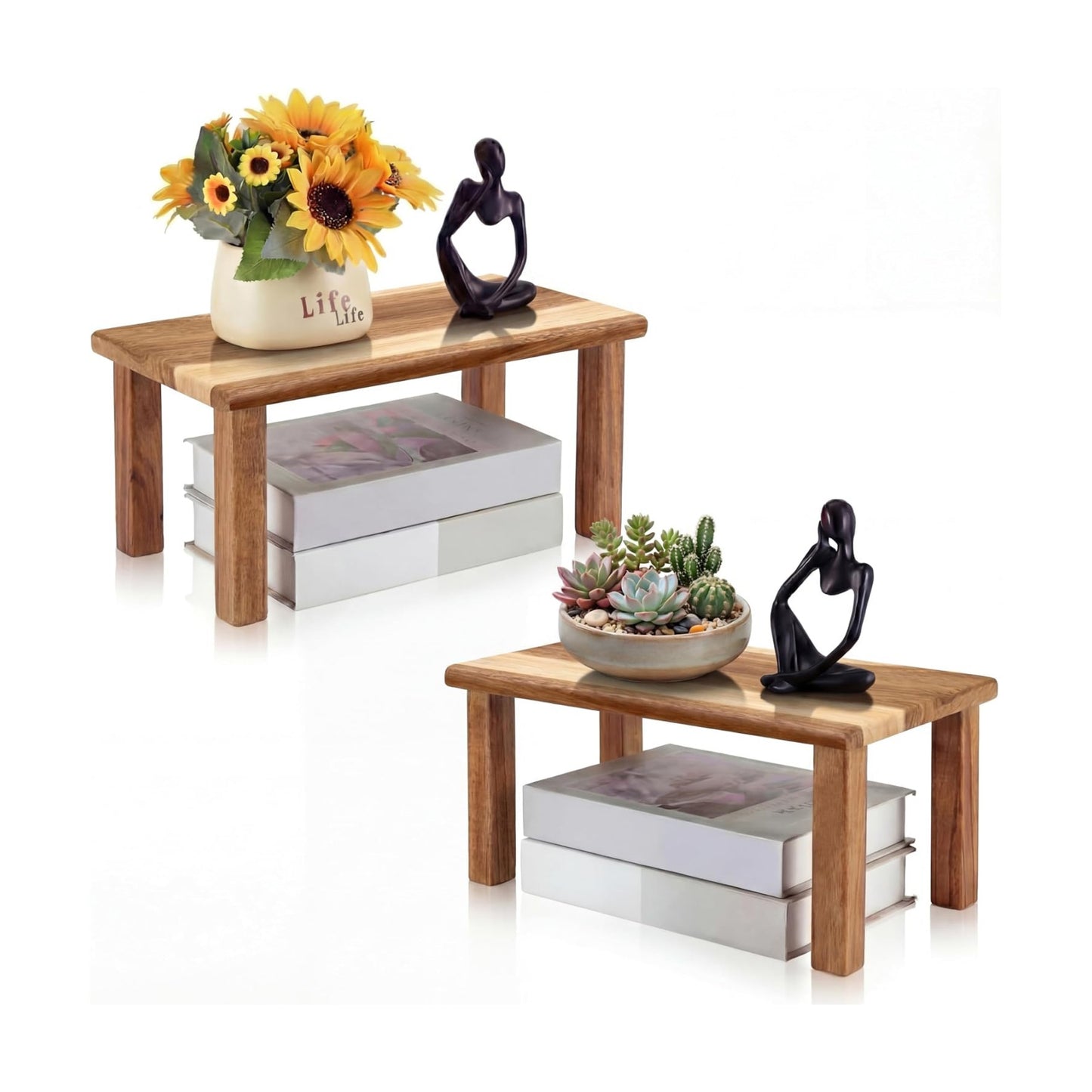 Extra Large Acacia Wooden Riser Wooden Countertop Organizer Display Shelf / 15 x 7.5 x 6 / Set of 2