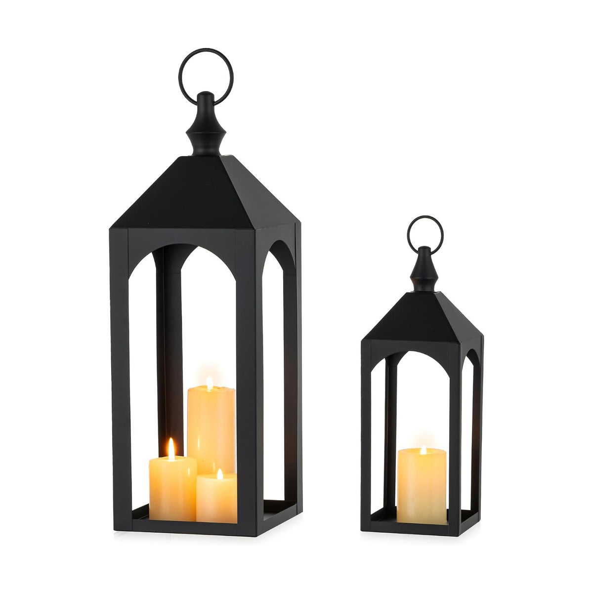 17" & 11" Black Metal Outdoor Floor Lantern, Front Porch Decor | Set of 2 Lanterns Decorative Indoor with Rust-proof