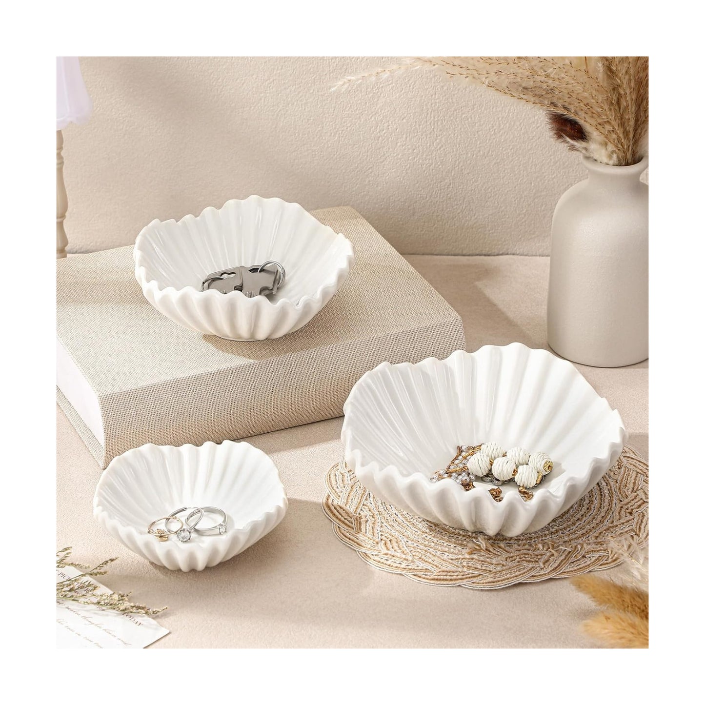 Ceramic Ruffle Bowl 3 Sizes Scalloped Decorative Bowls Fruit or Key Holder / White / Set of 3