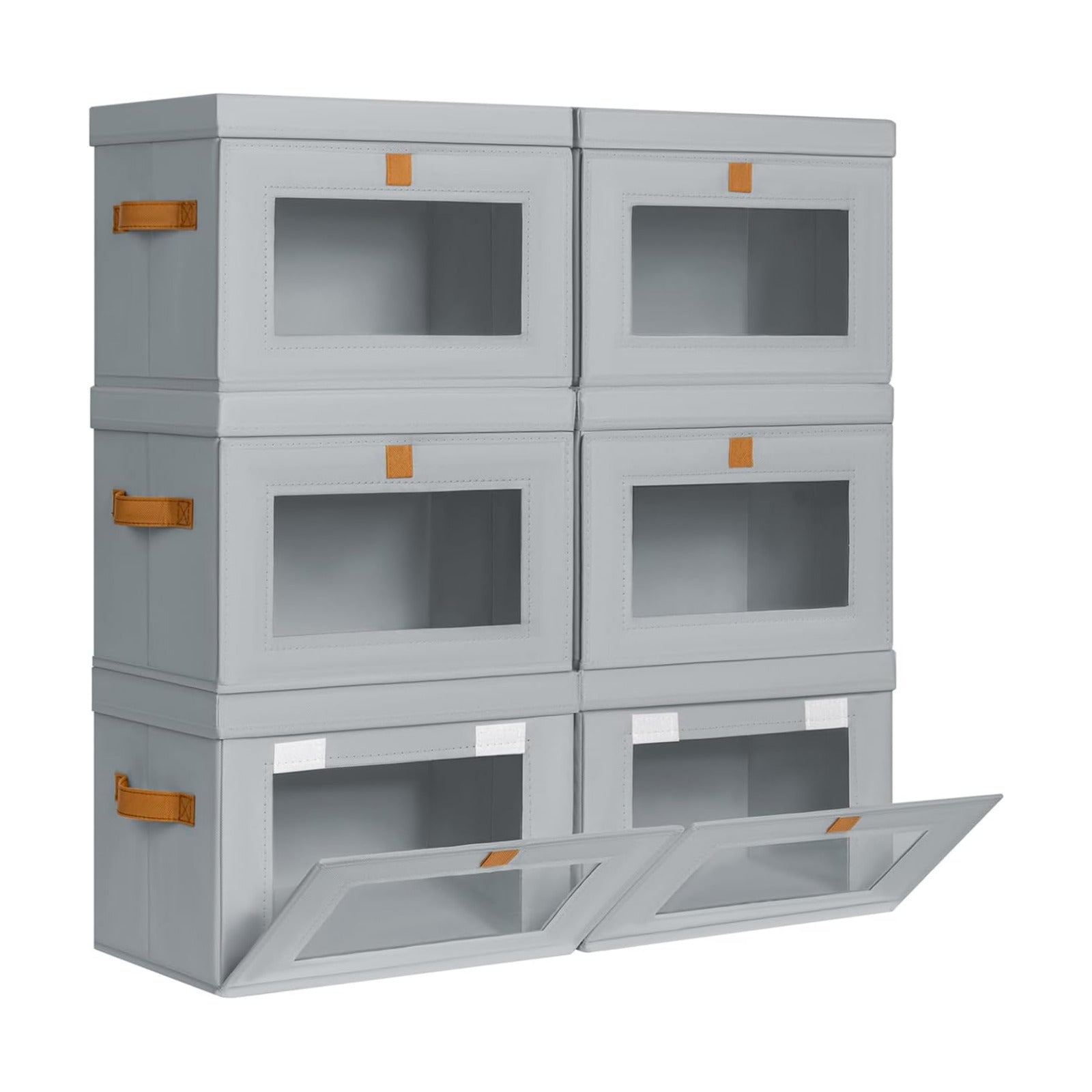 Storage Bins / Front Opening Stackable Fabric Storage Boxes / Gray / Medium / Set of 6