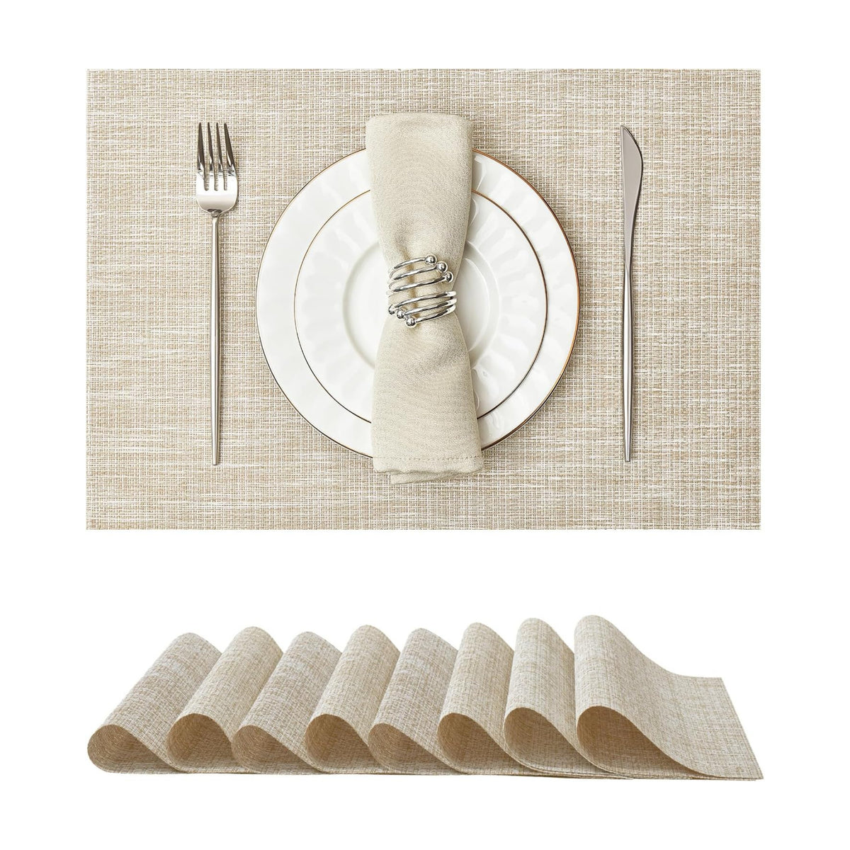 Leetaltree Woven Vinyl Placemats Set of 8,Beige and Gold | High Density，Stain Resistant, Easy to Clean, Washable Table