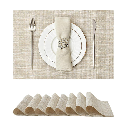 Leetaltree Woven Vinyl Placemats Set of 8,Beige and Gold | High Density，Stain Resistant, Easy to Clean, Washable Table