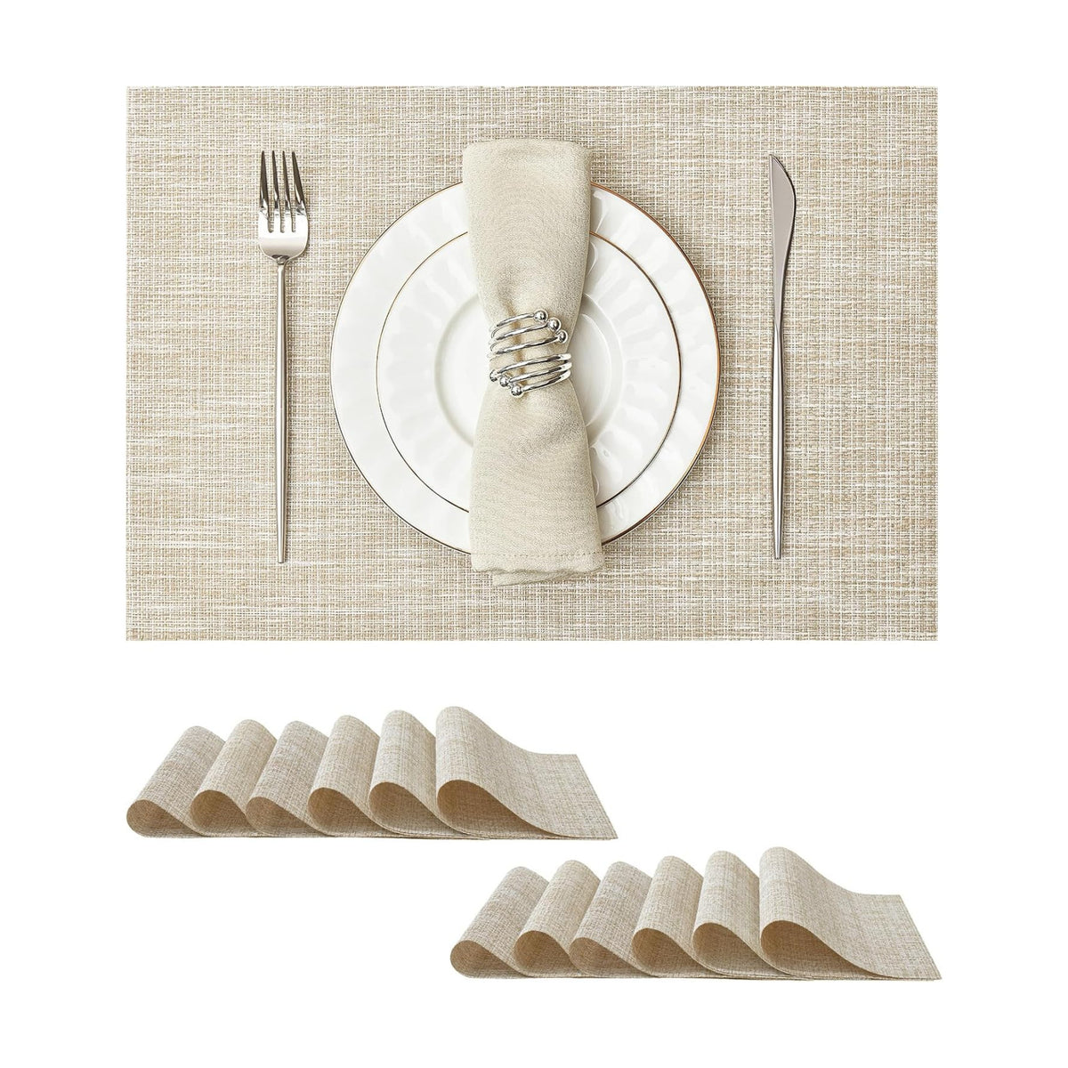 Leetaltree Woven Vinyl Placemats Set of 12,Beige and Gold | High Density，Stain Resistant, Easy to Clean, Washable Table