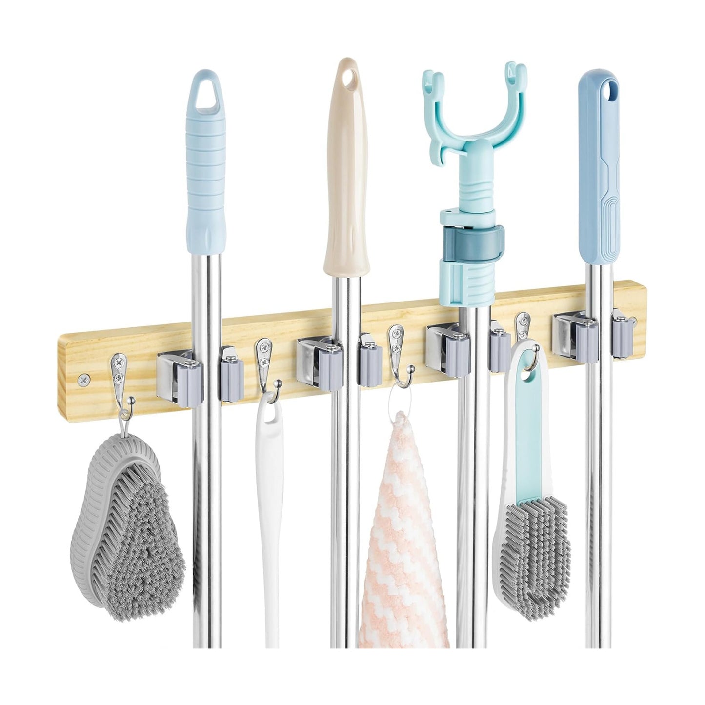 OUTNILI Mop and Broom Holder Wall Mount - Light Wood Broom Mop Hanger - Wall Mounted Garden Tool Rack Organizer for