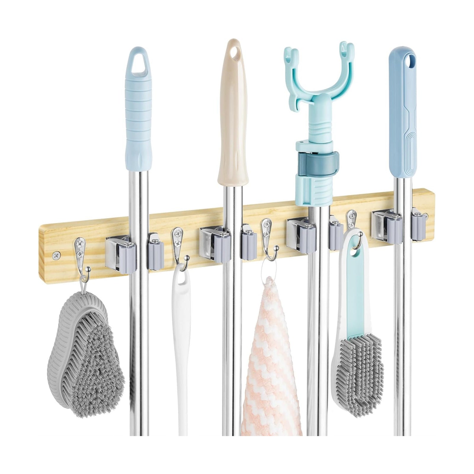 OUTNILI Mop and Broom Holder Wall Mount - Light Wood Broom Mop Hanger - Wall Mounted Garden Tool Rack Organizer for