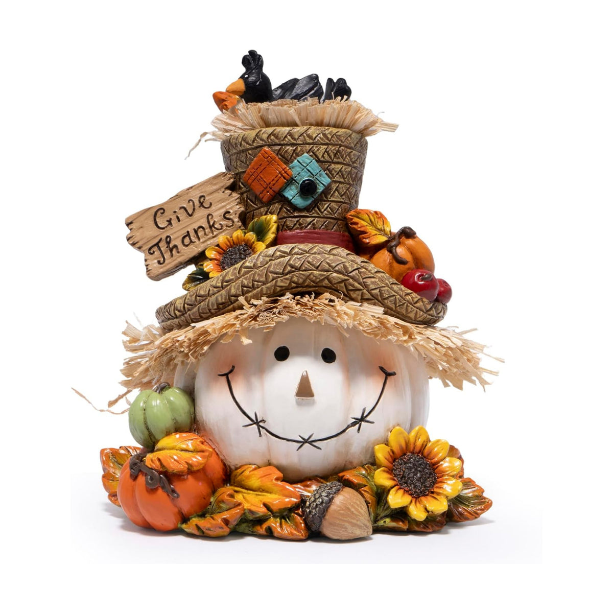 Hodao Thanksgiving Pumpkin Decorations, Resin Fall Autumn Figurine with Straw Hat, Birds, Acorns & Sunflowers, Give Thanks Sign, Festive Gift for Home Tabletop Mantel Thanksgiving Decorations (White)