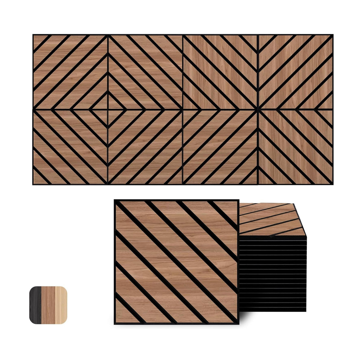 WoveN SounD Acoustic Wall Panels, Teak, 16 Pack, 12x12 in | Self-Adhesive, NRC 0.95, Carved Pattern, Sound Proof, Echo
