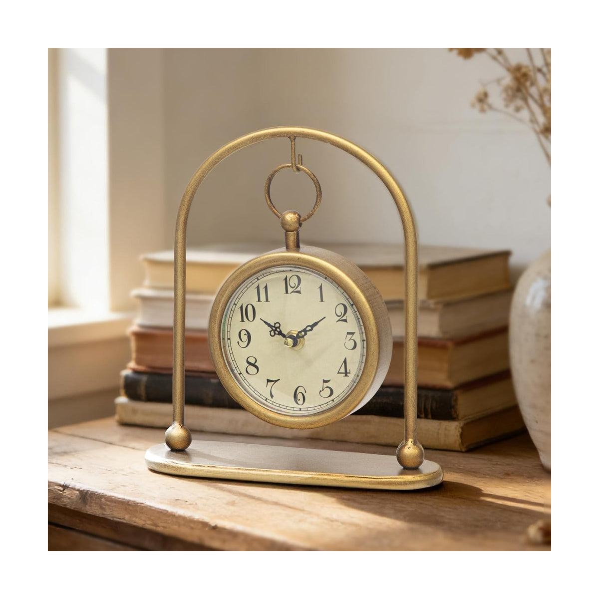 Vintage Small Gold Table Clock, Farmhouse Table Clock, Silent Non-Ticking Battery Operated Desk and Shelf Clocks for
