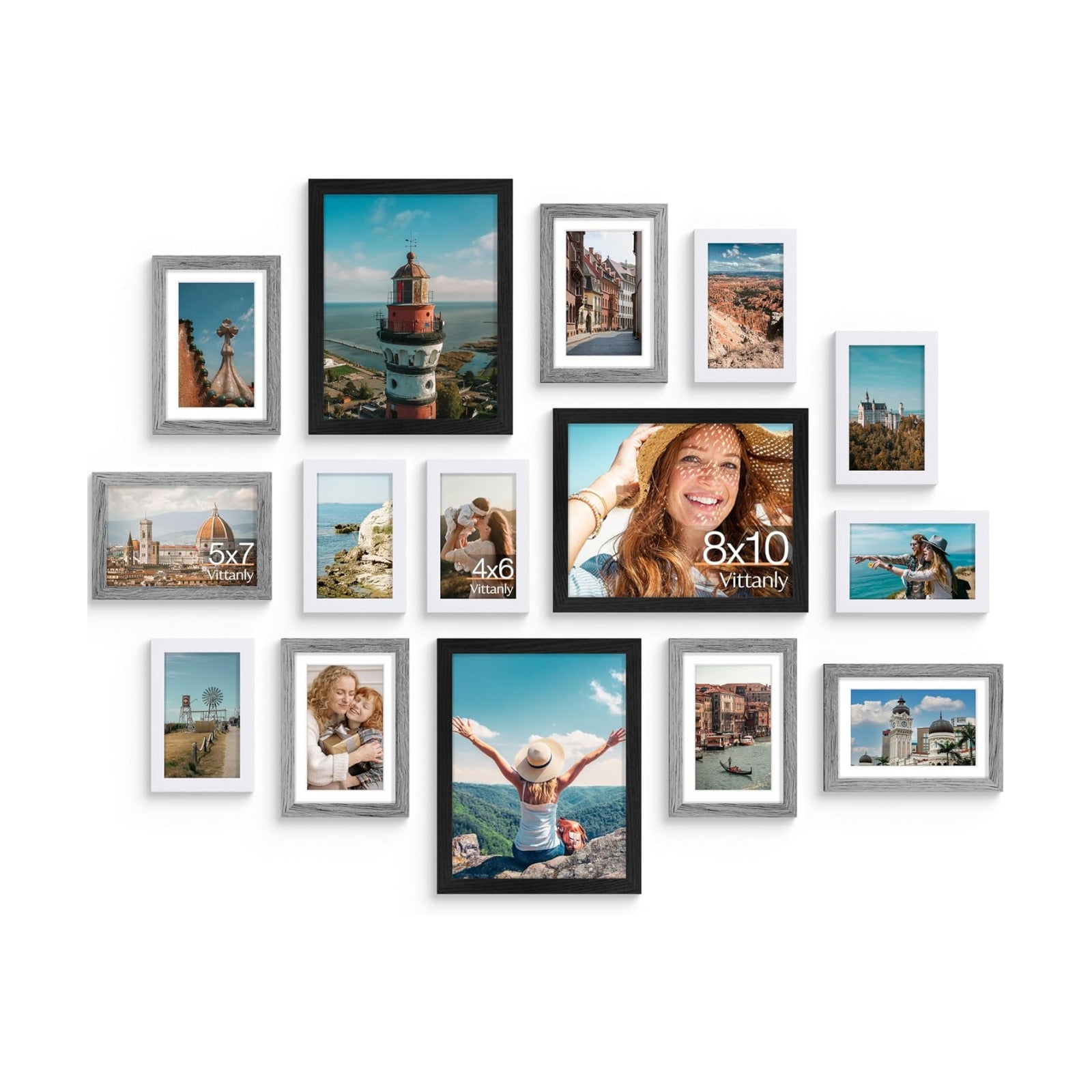 Vittanly 15 Pack Gallery Wall Frame Set, Black, Grey, White