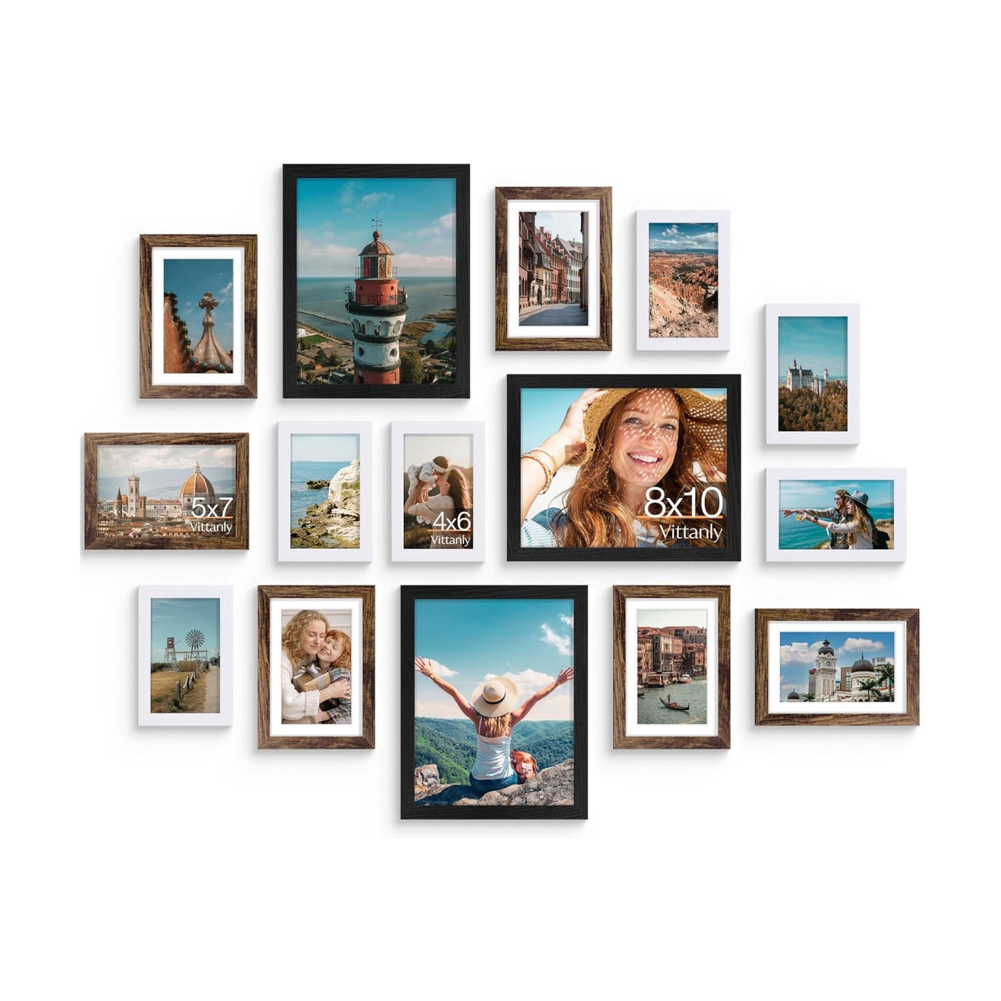 Vittanly 15 Pack Gallery Wall Frame Set, Black, Brown, White
