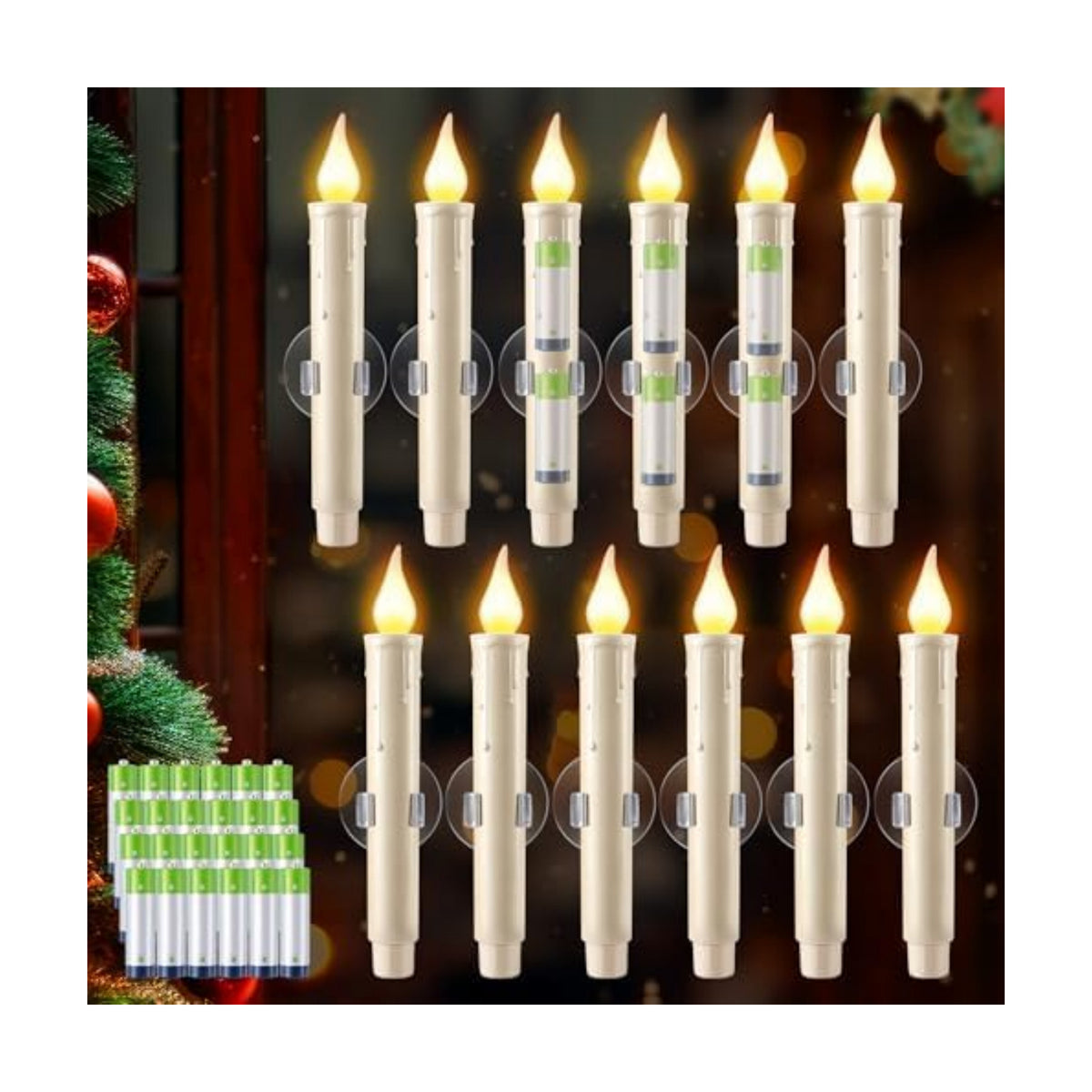 Enhon 12Pcs Dusk to Dawn Christmas Window Candles with Battery, Suction Cup