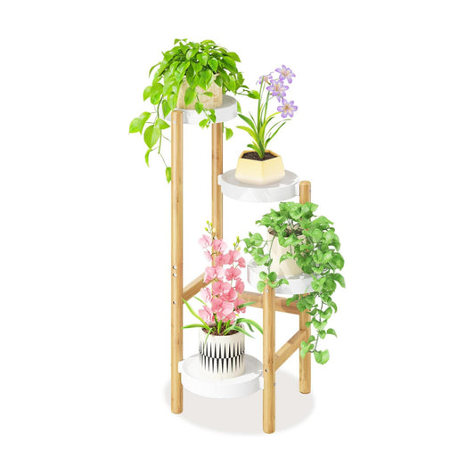 LASZOLA Plant Stand Table Tall for Indoor Corner, 4 Tier Bamboo White | Multiple Level Vertical Planter Rack, Flower