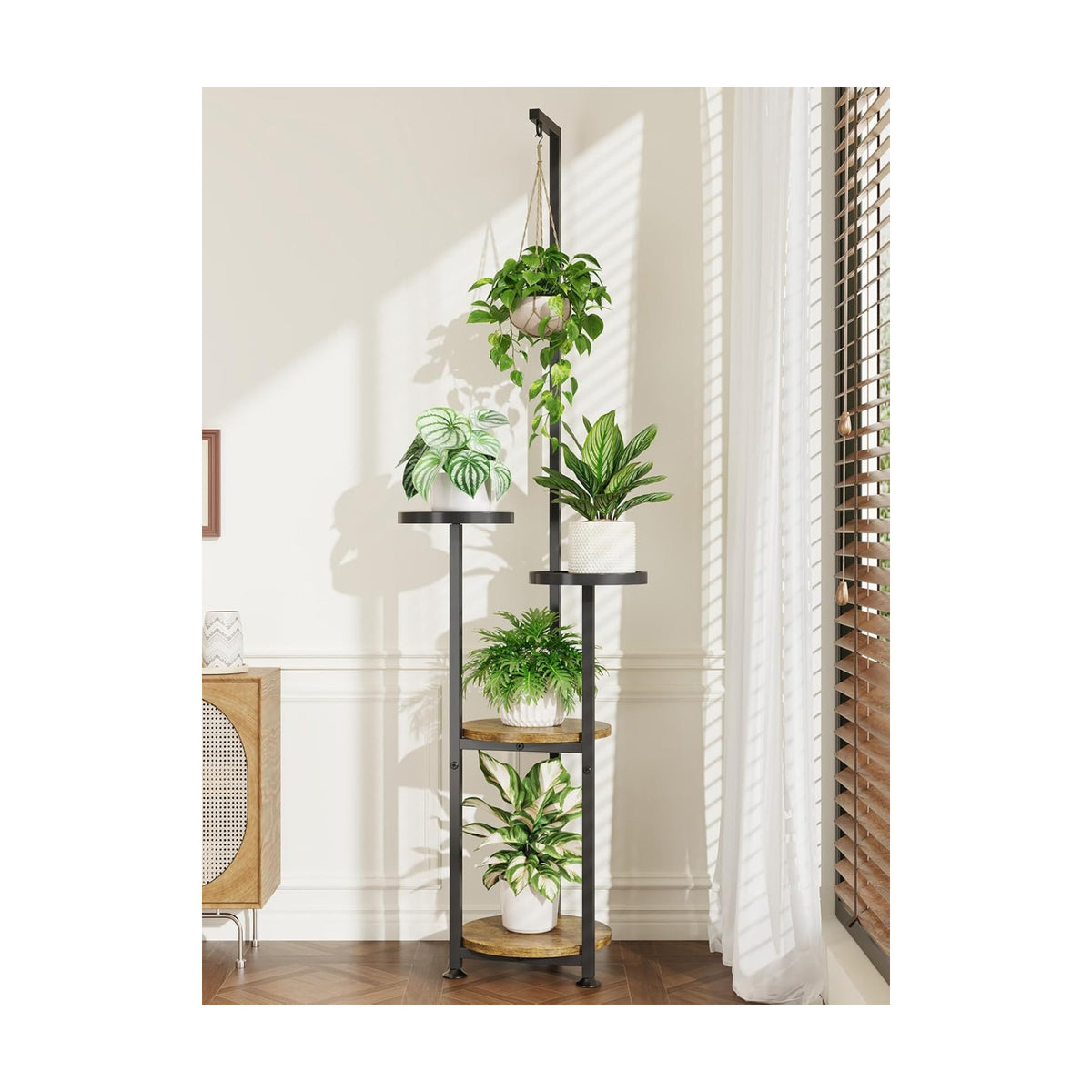 iDavosic.ly Hanging Plant Stand Indoor, 4 Tier, 62 In Tall, Black & Brown | Vertical Corner Metal Flower Shelf with
