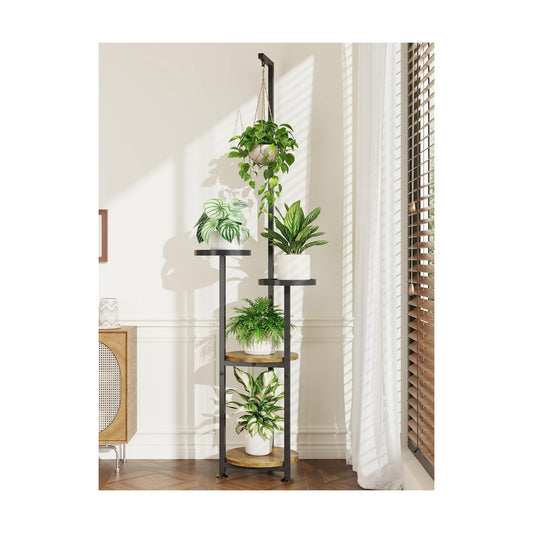 iDavosic.ly Hanging Plant Stand Indoor, 4 Tier, 62 In Tall, Black & Brown | Vertical Corner Metal Flower Shelf with