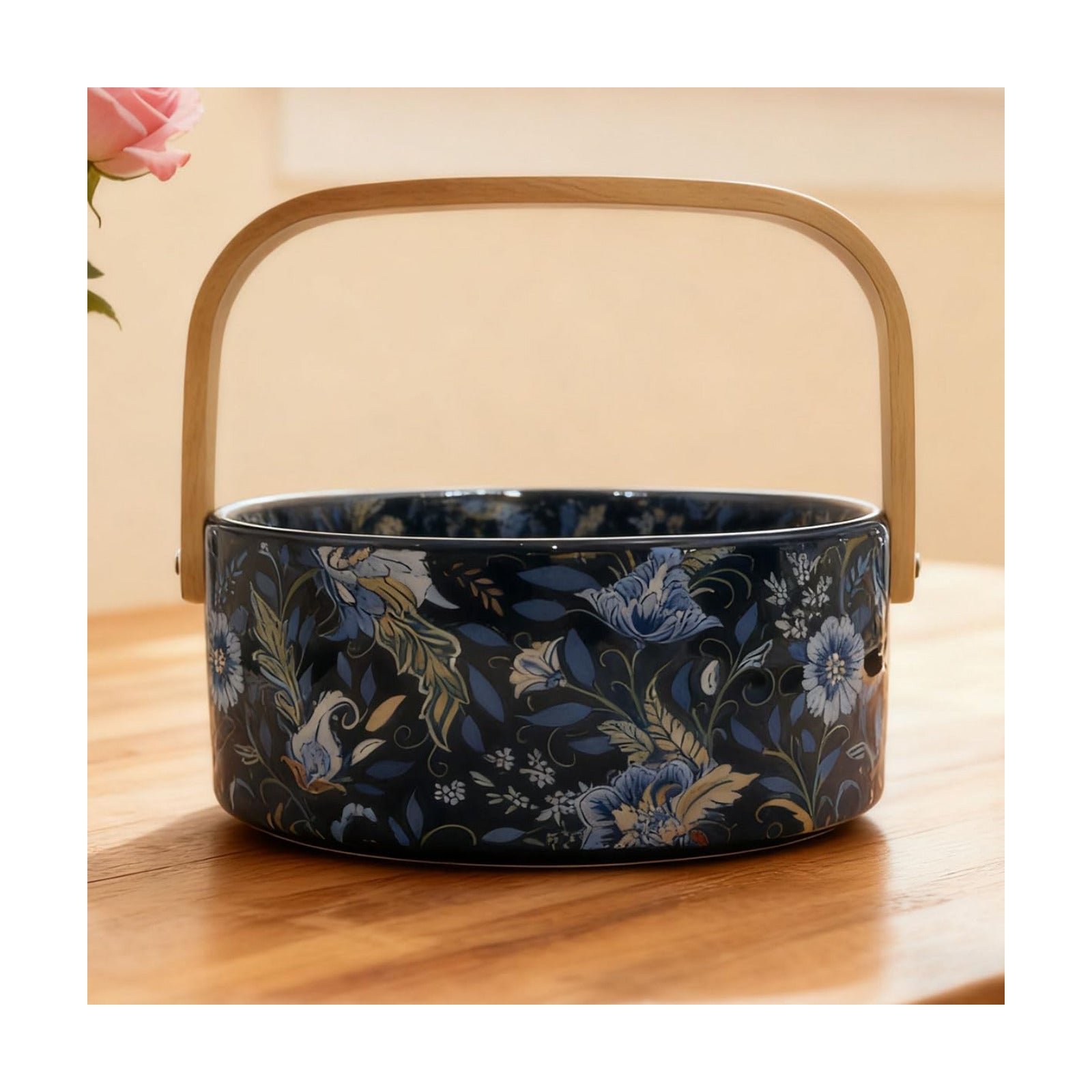 Wooden Handle Decorative Bowl Flower Basket Kitchen & Dining Table Office Room Decor / Black