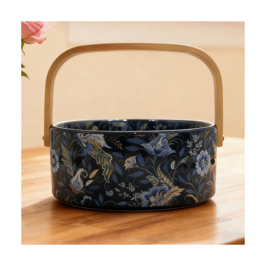Wooden Handle Decorative Bowl Flower Basket Kitchen & Dining Table Office Room Decor / Black