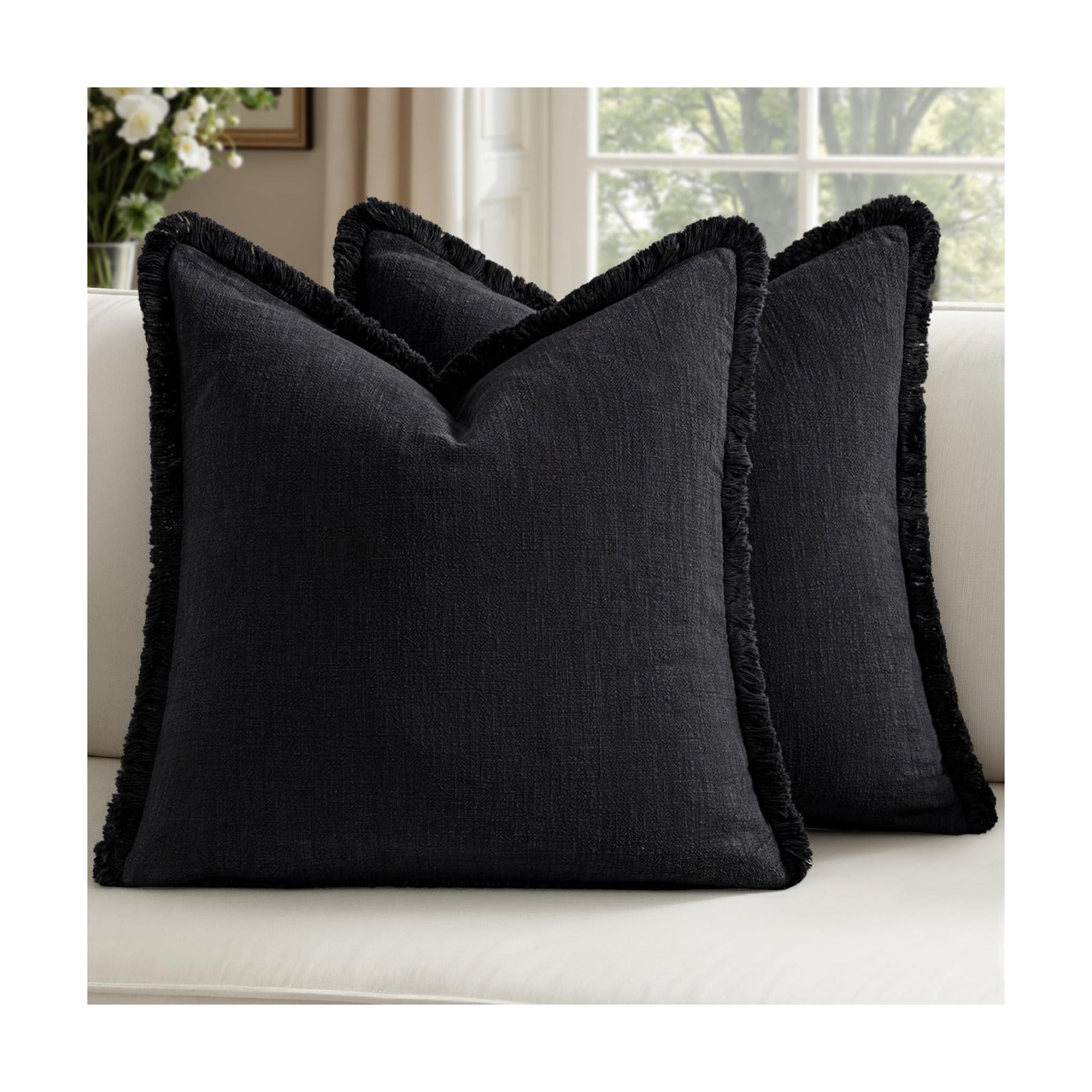 Decorative Linen Fringe Throw Pillow Covers Boho Farmhouse Soft Cushion / 20 x 20 / Black / Set of 2