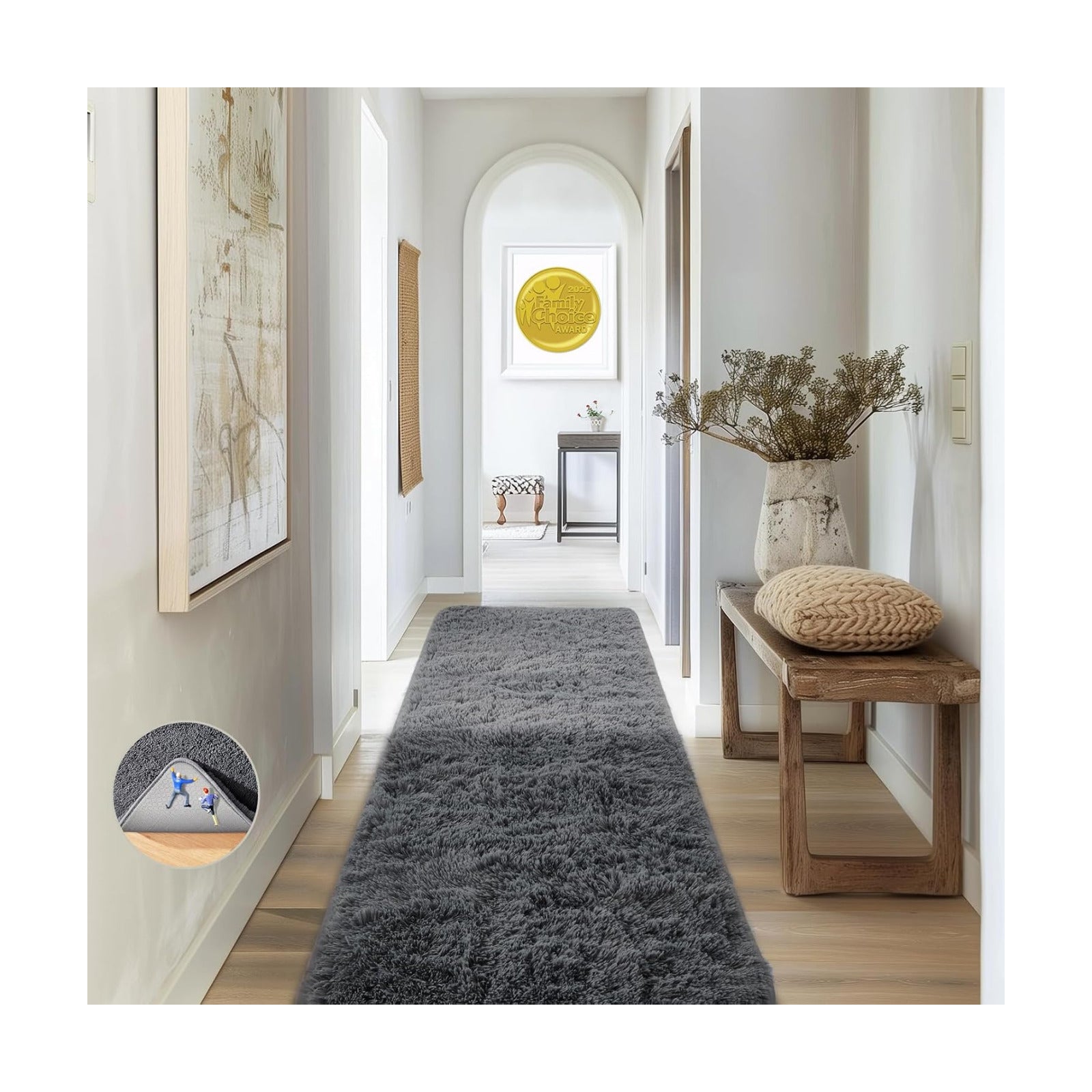 Ophanie 2x8 Runner Rug for Hallway, Upgrade Non-Slip Fluffy Soft Bedside Rugs, Bedroom Living Room Grey Shaggy Gray