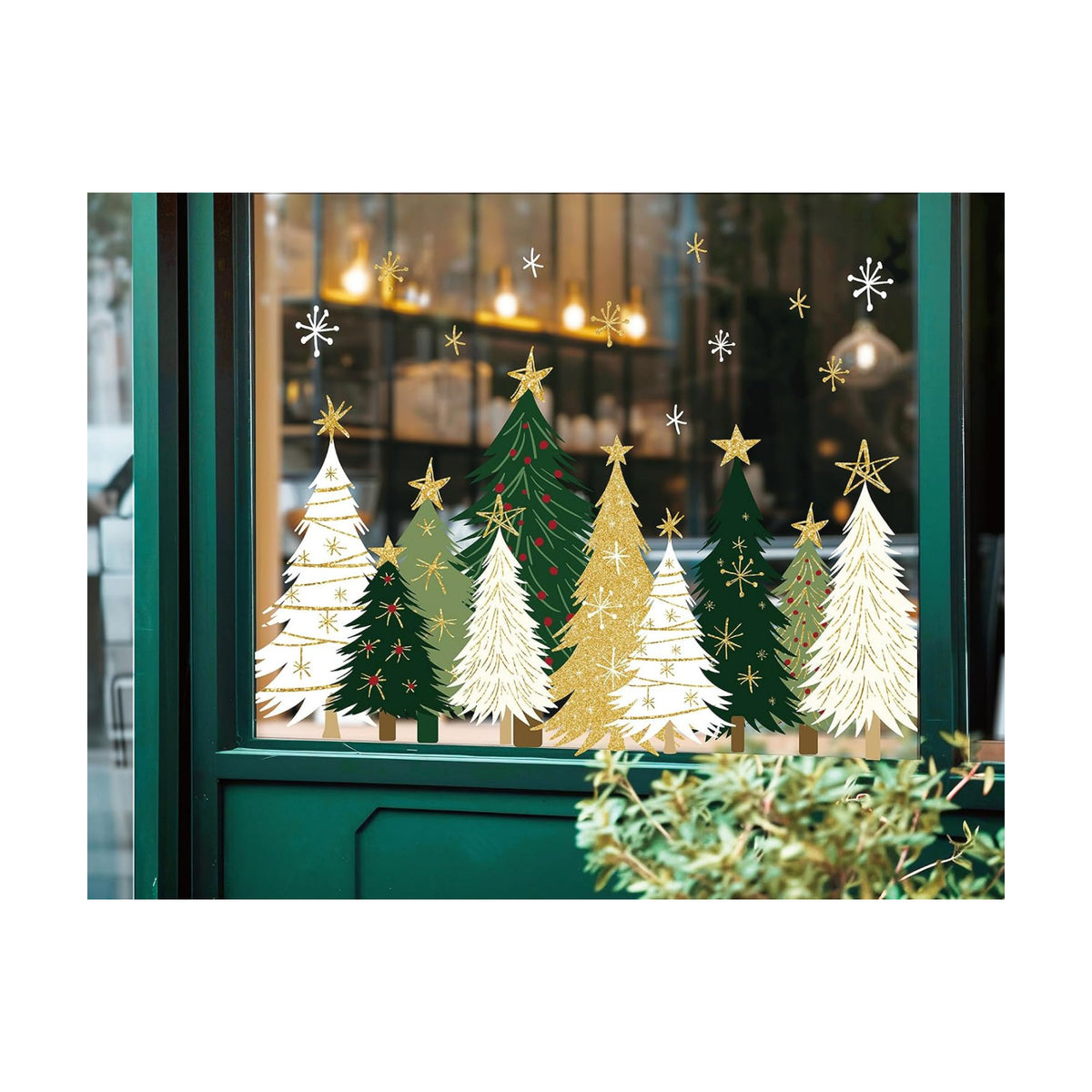 Whaline 9 Sheets Christmas Window Clings Window Decals White Green Gold Xmas Tree Snowflake Reusable Anti-Collision Windows Decor for Winter Home Glass Mirror Decor