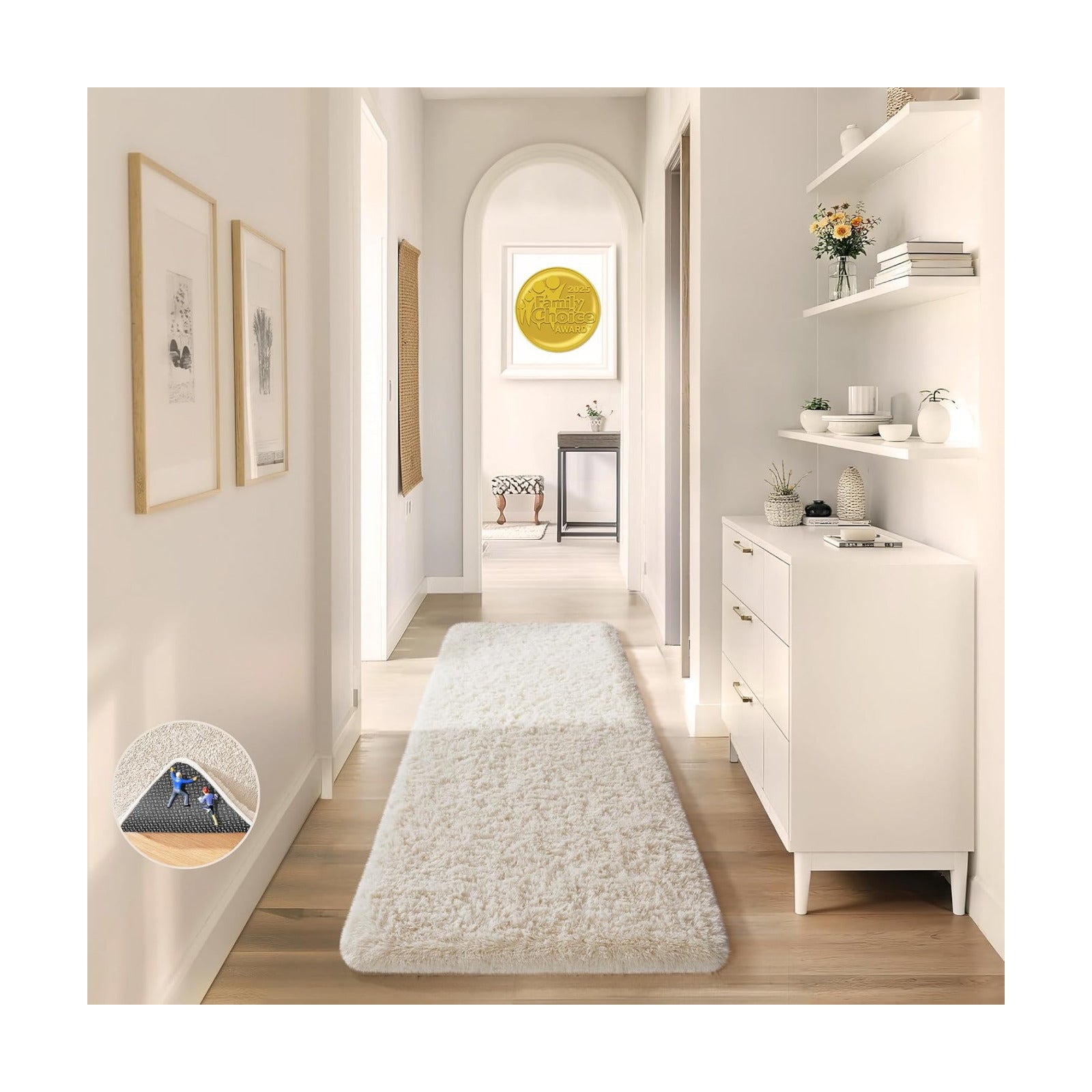 Ophanie 2x8 Runner Rug for Hallway, Upgrade Non-Slip Fluffy Soft Bedside Rugs, Bedroom Living Room Ivory Shaggy Carpet
