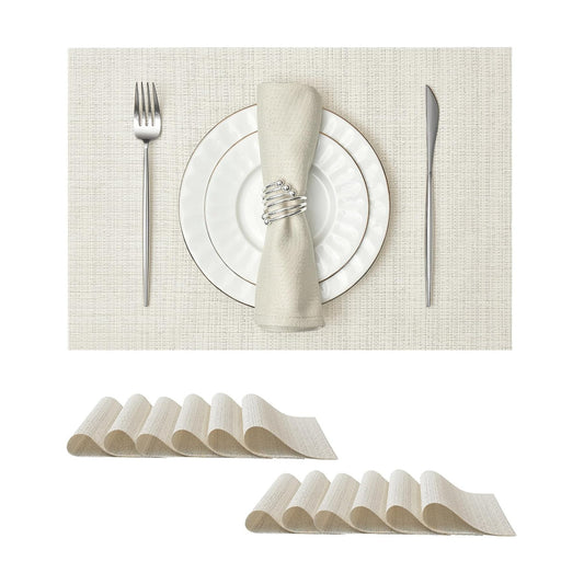 Leetaltree Woven Vinyl Placemats Set of 12,White and Silver | High Density，Stain Resistant, Easy to Clean, Washable