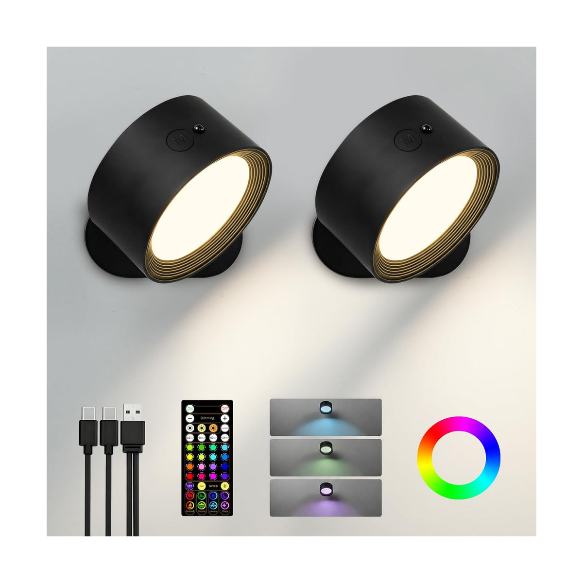LED Wall Mounted Lights, Rechargeable Wall Sconces, 3 Color Temps, Remote & Touch, 360° Rotating and Dimmable for